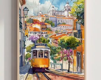 Lisboa, Portugal, Europa. Acuarela: Póster artístico de viaje de vacaciones.