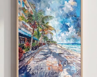 May include: Watercolor painting of a coastal scene with palm trees, buildings, and a boardwalk. The artwork features a vibrant blue sky with fluffy clouds, a sandy beach, and the ocean. The artwork is framed in a light wood frame.