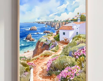 L'Algarve, Portogallo, Europa, acquerello: poster artistico di viaggio per le vacanze