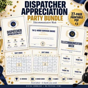 Pacote de materiais imprimíveis para reconhecimento dos atendentes de emergência, kit para festa da Semana dos Operadores de Telecomunicações, prêmios para atendentes do 911, bingo, jogos, placas, cartões de agradecimento.
