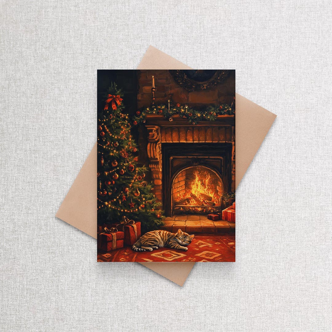 Cozy Christmas Cat Holiday Personalized Card, Single or Set of 12 - Etsy