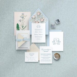 Regency Era Semi-Custom Wedding Invitation Suite | Romantic Blue Crest Monogram | Customizable Elegant Calligraphy Invitations
