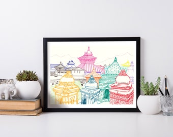 Kathmandu Temple Print | Colorful Architecture Illustration