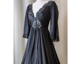 S Olga Nightgown, Vintage Peignoir Lace Dress, Long Sleeve Night Gown, Victorian Puff Sleeves, 1960s 1970s Lingerie, Silk Satin Maxi Slip