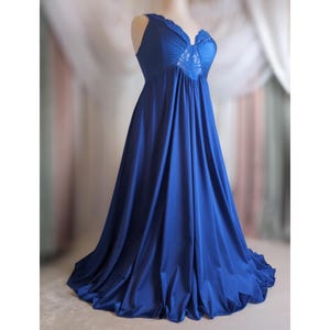 2XL Olga Nightgown, Plus Size Vintage Nightgown Lingerie, Long Blue Lace Dress, Maxi Slip Dress, 60s 70s Peignoir, Royal Blue Silky Satin