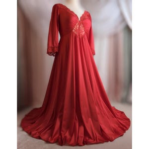 L Olga Nightgown | Long Sleeve Vintage Peignoir | Christmas Red | Victorian Lingerie Dress Lace Trim