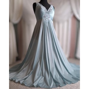 L Olga Nightgown, Vintage Peignoir, Long Blue Lace Gown, in Pastel Blue!