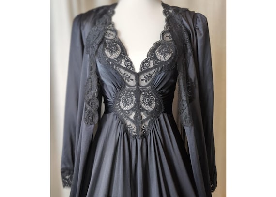 S Olga Nightgown Robe Set Vintage Peignoir Set Long Lace Black Dress 2 Piece Lingerie Set Black Satin Pajamas Maxi Slip Gown 60s 70s Etsy