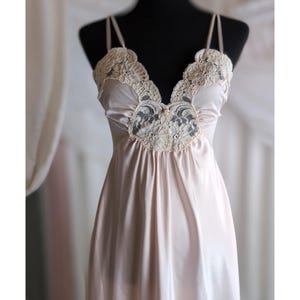 S Pink Satin Full Slip Gown, Vintage Peignoir by Olga, 1970s Nightgown with Lace Applique Bust, Silky Lingerie Dress, Peachy Pink, Small