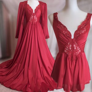 M | 3Pc Olga Nightgown Robe & Romper  | Vintage Peignoir Set | Red Satin Lingerie Dress, Flirty Playsuit, Long Satin Robe, Lace Trim