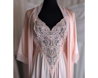 M Vintage Olga Nightgown and Robe, Peignoir Set, Sheer Chiffon Lingerie Gown, Peach Satin Lace Dress, in Creamsicle Orange!