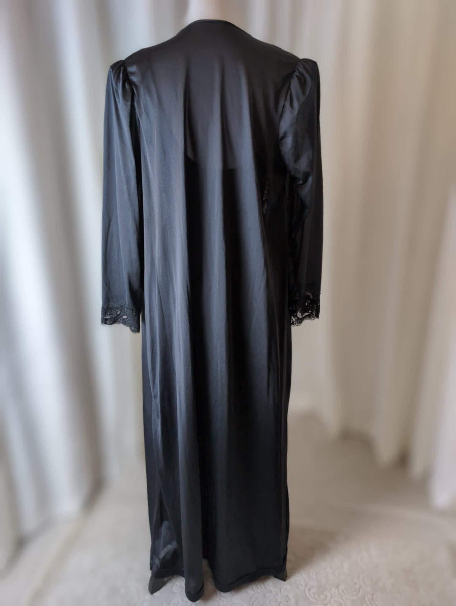 S Olga Nightgown Robe Set, Vintage Peignoir Set, Long Lace Black
