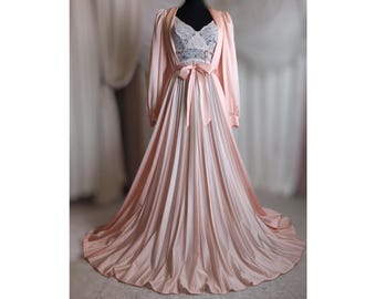 M Vintage Olga Nightgown Robe, Peignoir Set, Long Satin Robe, Wide Sweep, Sheer Lace Lingerie Dress, Old Hollywood Glam, Peachy Pink
