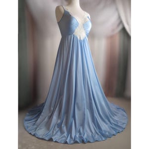 L Vintage Olga Rare Nightgown, 1970s Peignoir, Long Blue Satin Gown, Unique Negligee, White Lace Trim, Maxi Slip, Lingerie Dress, Large