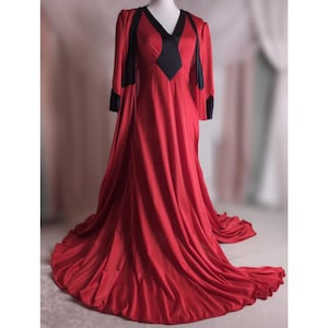 M Rare Olga Nightgown Set | Vintage Peignoir | Wraparound Robe | 2 Tone - Christmas Red & Black | Lingerie Dress | Silky Satin