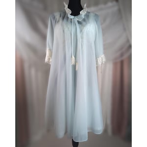 S Olga Nightgown Set | Vintage Peignoir in Sheer Blue Chiffon | See Through Robe, Lace Ruffle Trim | Sleeping Pretty, Size 34