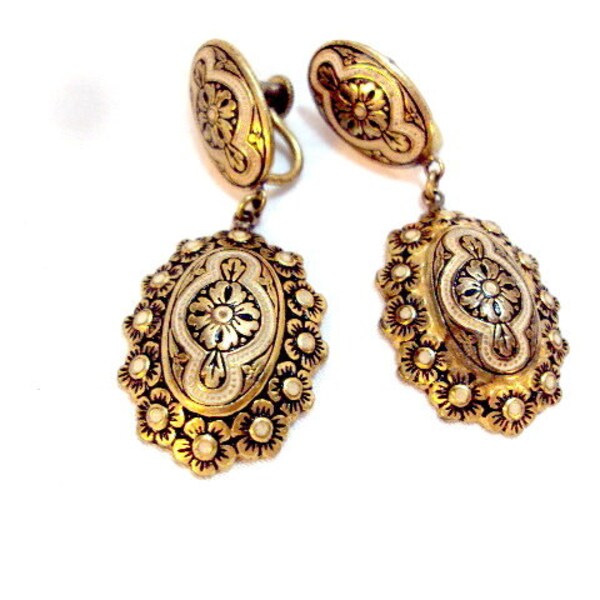 Vintage Screwback Damascene Dangling Earrings