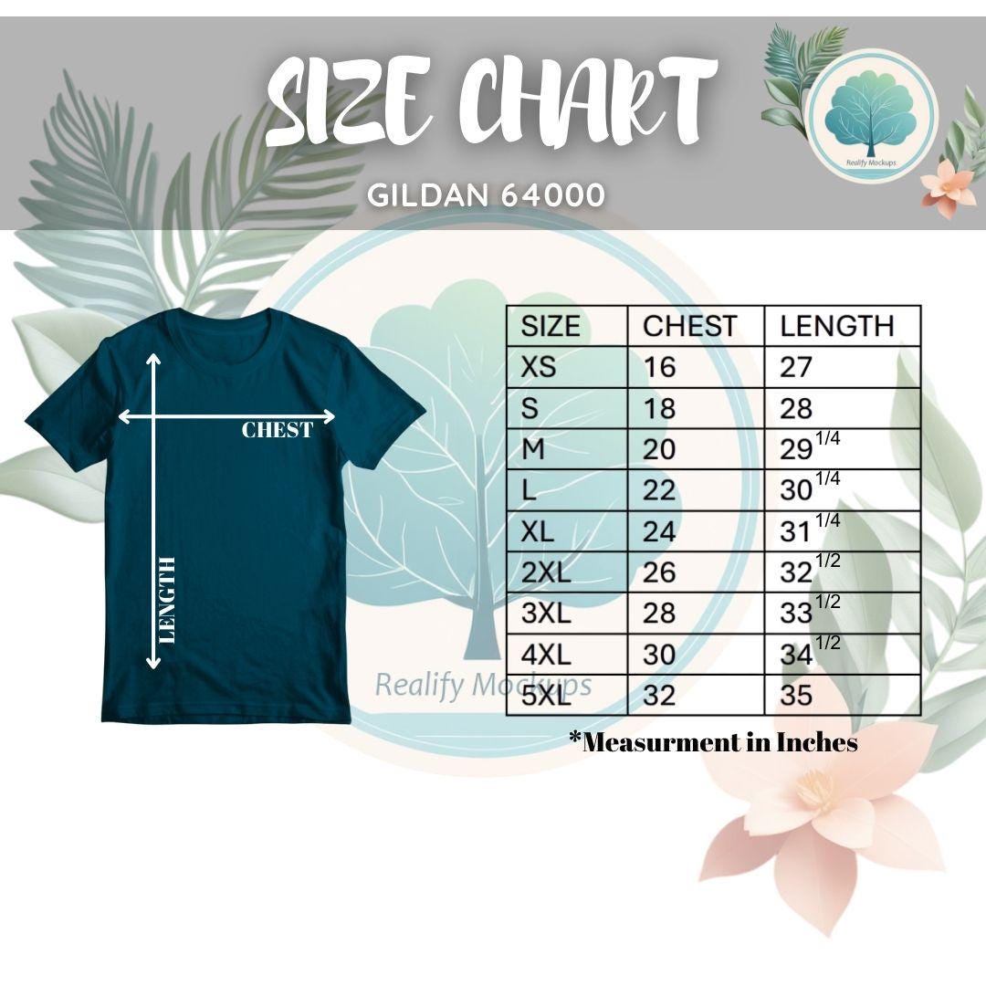 Gildan 64000/18000/18500 Size Chart, G640,G180,G185 Mockup and Size