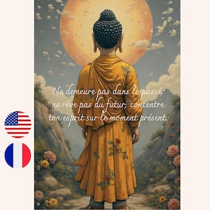 Carte citation en image de Buddha en Français et Anglais, Carte citation de Buddha moment présent, carte citation positive, Art Bouddhiste