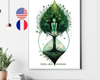 Esoteric art poster, Spiritual art awakening and meaning, Quote in French and English, Inner calm, heart energy, connection to nature