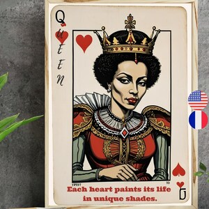 Affiche murale géniale reine de coeur femme noire, citation sur le coeur en Français et Anglais, Poster citation jeux de cartes retro