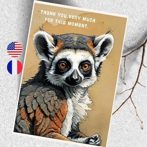 Funny animal thank you card, Lemur thank you greeting card, Thank you very much primate animals, original animal thank you note