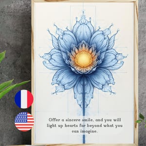 Spiritual quote poster in French, Blue flower wall art, quote about joy, Zen gift poster idea, quote about happiness