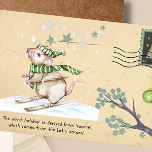 Carte rat de Noël, définition du mot Vacances, souris de Noël amusante, enveloppe, carte de vacance à la neige aquarelle, Animal à la neige