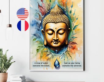 Buddha quote poster in French and English, Watercolor Buddha wall art, Spiritual universe quote, Zen well-being poster