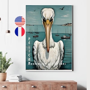 Póster de pelícano en francés e inglés, arte mural de aves marinas, familia Pelecanidae, ilustración de vida silvestre, aves migratorias