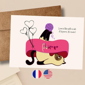 Saint Valentin originale en Français et Anglais, Carte amour de chat drôle, Carte citation romantique à offrir, Carte de voeux animal mignon