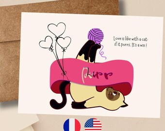 Tarjeta de San Valentín original en francés e inglés, divertida tarjeta de amor con un gato, tarjeta con cita romántica para ofrecer, linda tarjeta de felicitación con un animal
