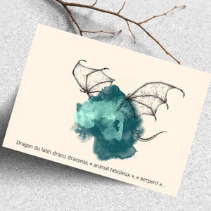Carte de dragon aquarelle, étymologie de Dragon, Signification dragon créature légendaire, Art déco, Idée cadeaux animal mystique