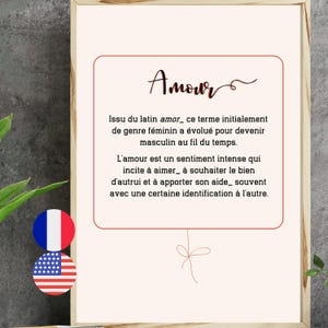Poster definition and etymology of Love in French and English, Poster meaning of Love, Printable word definition decoration
