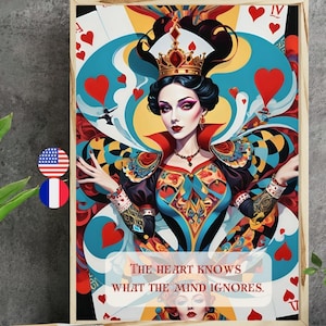 Art murale reine de coeur citation en Français et Anglais, Affiche d'illustration originale carte à jouer dame de coeur, Citation art design