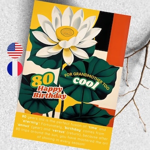 80th birthday card in French, Grandmother&#39;s birthday card, flower birthday card, 80th birthday gift, humor card in French