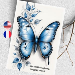 Carte de voeux départ à la retraite en Français et Anglais, Carte papillon à l'aquarelle bleu, Carte de citation sur la fin et le renouveau