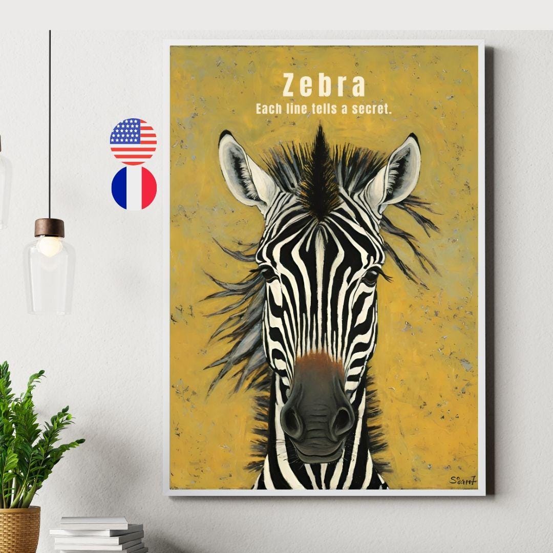 Zebra Poster, Quote in French and English, Wild Equine Poster, Zebra Wall Art, Original Savannah Animal Illustration