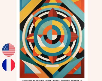 Divertida tarjeta de cita de mandala esotérica en francés e inglés, Cita espiritual, Tarjeta de arte de bienestar, Decoración positiva de tarjetas de felicitación