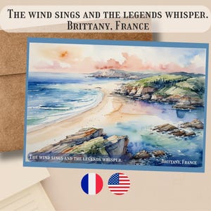 Postcard of the Brittany coast, Map of the Brittany coast, quote in French and English, Holiday memories from the Côte d'Armor, Holidays in Finistère