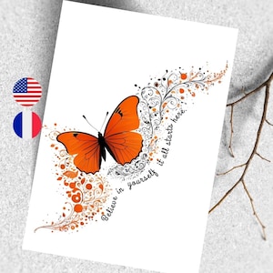 Carte de voeux citation positive illustrée, Carte postale papillon, Carte de citation d'encouragement et de soutiens en Français et Anglais