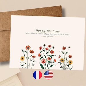 Floral Birthday Card, Watercolor Flower Happy Birthday Card, Last Minute Printable Birthday Card in French English