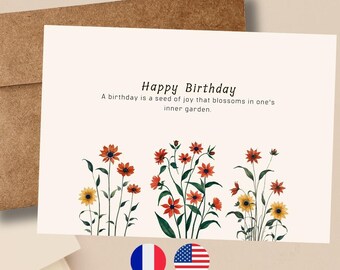 Floral Birthday Card, Watercolor Flower Happy Birthday Card, Last Minute Printable Birthday Card in French English