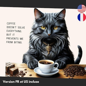 Carte de voeux chat et café, Carte citation drôle accro au café en Français et Anglais, Carte postale à offrir drôle réveil matin café