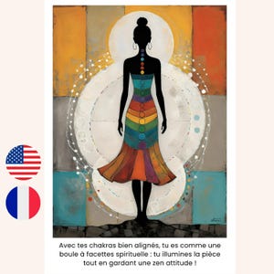 Esoterische chakra-citaatkaart in het Frans en Engels, grappig spiritueel citaat, welzijnskunstkaart, positieve wenskaartdecoratie