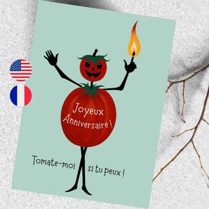 Biglietto di auguri di compleanno con pomodoro in francese e inglese, umorismo sull'orticoltura, orto divertente, biglietto di auguri per il giardinaggio da offrire