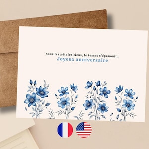 Floral Birthday Card, Watercolor Blue Flowers Happy Birthday Card, Printable Birthday Card in French and English