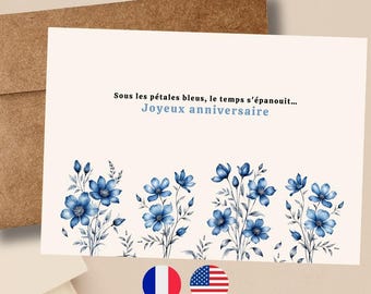 Floral Birthday Card, Watercolor Blue Flowers Happy Birthday Card, Printable Birthday Card in French and English