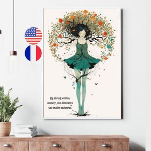 Inner search quote poster, Spiritual root illustration, French and English well-being quote, quote on the universe, unity