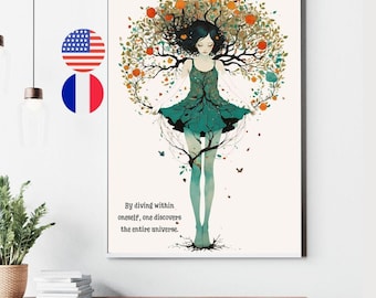 Innerlijke zoektocht citaat poster, Spirituele wortel illustratie, Frans en Engels welzijn citaat, citaat over het universum, eenheid
